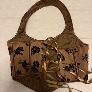 SHEIN Brown and Black Floral Lace-Up Crop Top